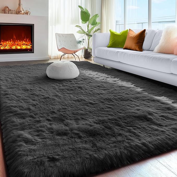 PAGISOFE Fluffy Shaggy Black Area Rug 8x10 Feet, Plush Rugs for Living Room Bedroom, Soft Rug for Nursery, Furry Rugs for Girls Boys Kids Room, Extra Large Fuzzy Rug, Shag Carpet, Black