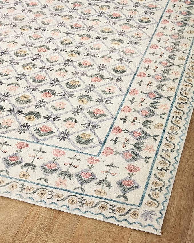 Loloi Rifle Paper Co. Eden Collection EDE-03 Lattice Ivory 2'-6" x 7'-6" Runner Rug feat. CloudPile™