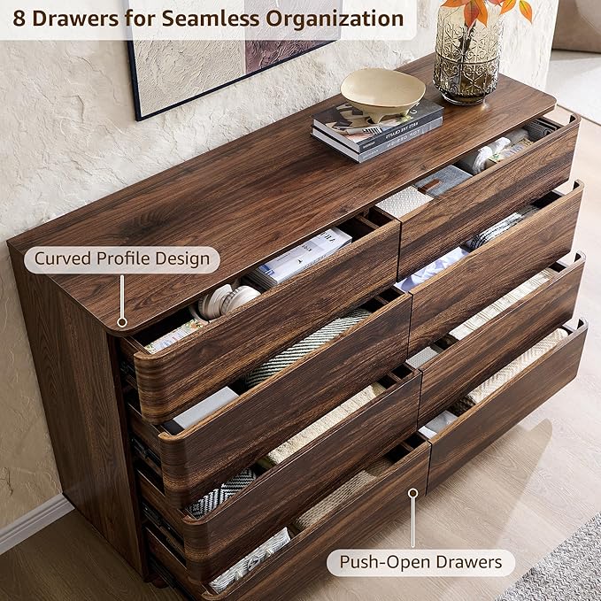 ACCOHOHO 8 Drawer Dresser for Bedroom, 52 Inch Wide Modern Chest of Drawers, Push-to-Open Wood Storgae Organizer with Large Drawers for Bedroom, Living Room, Hallway,Brown