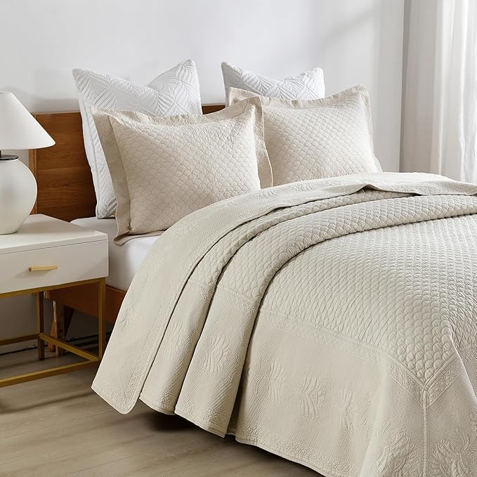 MarCielo 3-Piece 100% Cotton Oversized Bedspread Lightweight Quilt Coverlet Embroidery Farmhouse Bedding Set (TM Khaki Beige, Oversized Queen (100"x106"))