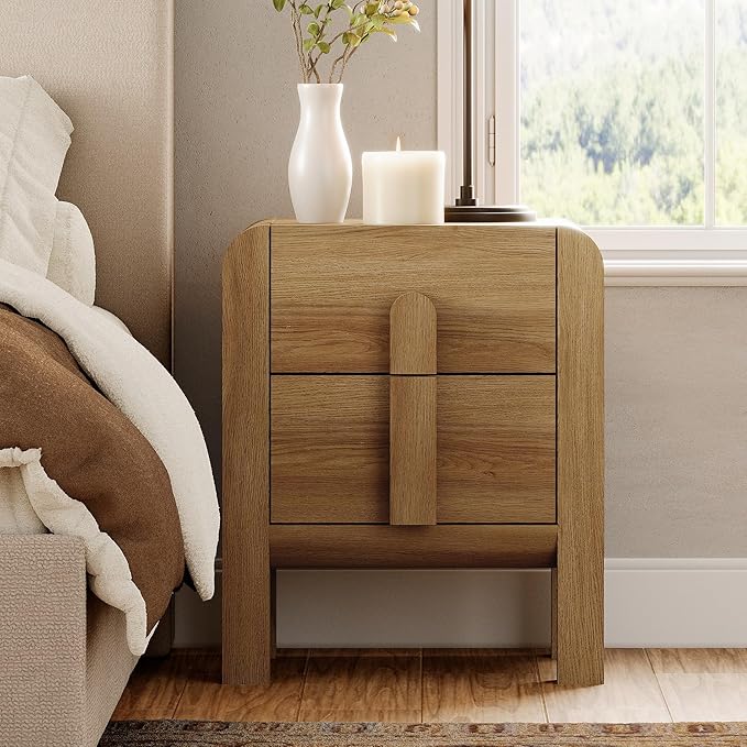 WAMPAT 23.7" Tall Modern Nightstand with Charging Station,Wood Bedside Table w/2 Storage Drawers,Curved Profile Design,Sofa Side Table End Table for Bedroom, Light Walnut