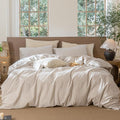 MooMee Striped Duvet Cover Set 100% Washed Cotton Linen Like Textured Breathable Durable Soft Comfy (Tannish Linen Grey White Classic Stripes, Full 80"x90")