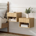 Floating Nightstands Set of 2 with Drawer and Open Shelf, Small Wall Mounted Bedside End Table, Modern Fluted Night Stand for Bedroom, Living Room, Natural Oak