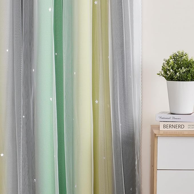 XiDi Curtains for Bedroom Decor, Rainbow GreenYellowGrey52/45/1