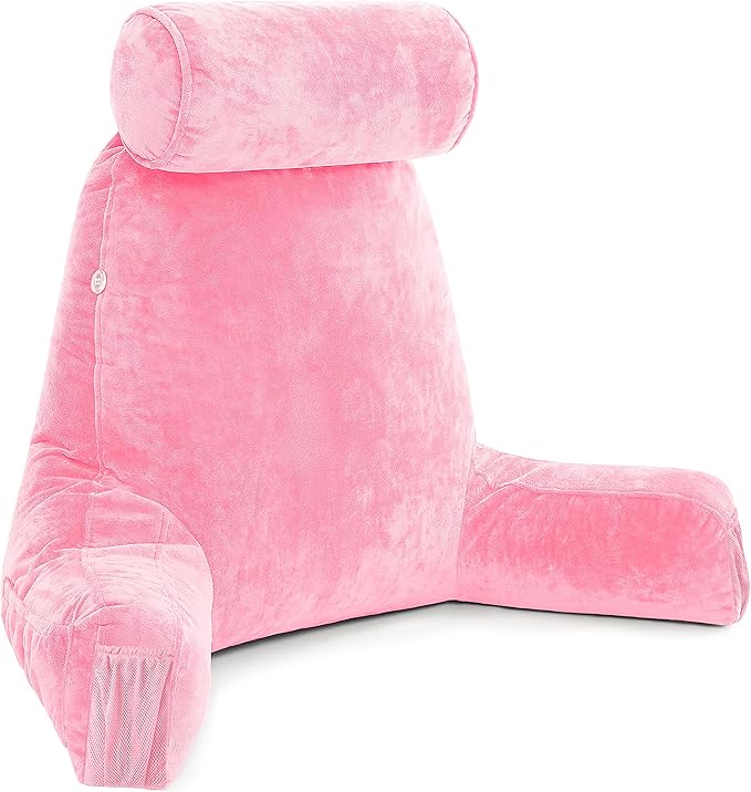 Husband Pillow Medium Pink, Backrest for Kids, Teens, Petite Adults - Reading Pillows with Arms, Adjustable Loft, Plush Memory Foam, Bed Rest Chair for Sitting Up, Detach Neck Roll, Removable Cover