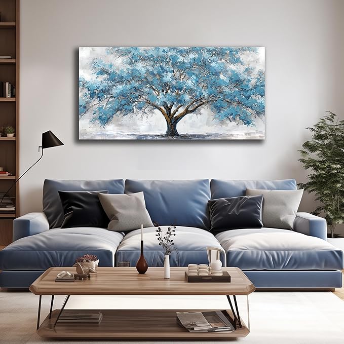 JuhaiArt Teal Wall Decor Tree Wall Art for Living Room Bedroom Home Office White Canvas Picture 24" x 48" modern Prints Art