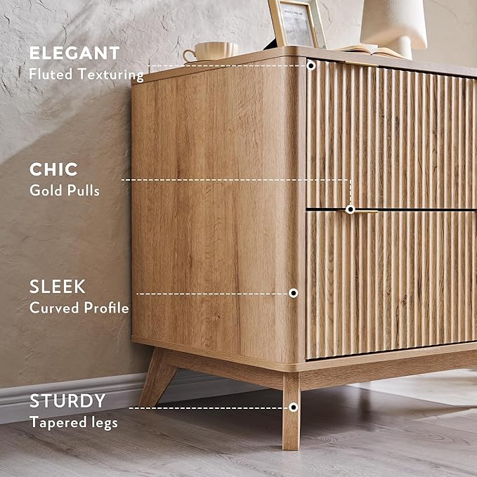T4TREAM Fluted Night Stand Set 2, 30" Tall Bedside Table with 2 Drawers & Large Tabletop, Modern Wood Side Tables Bedroom, End Table for Living Room, Natural Oak