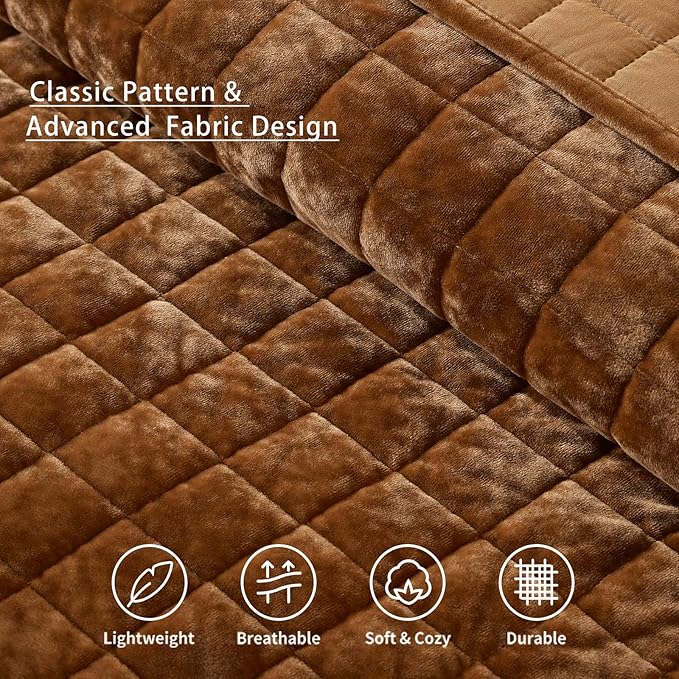 LEAONME Velvet Quilt Oversized California King-120''x120'', Lightweight Caramel Velvet Comforter Set with 2 Pillow Shams, Oversized Bedspread Coverlet Quilted Bedding Set for All Season