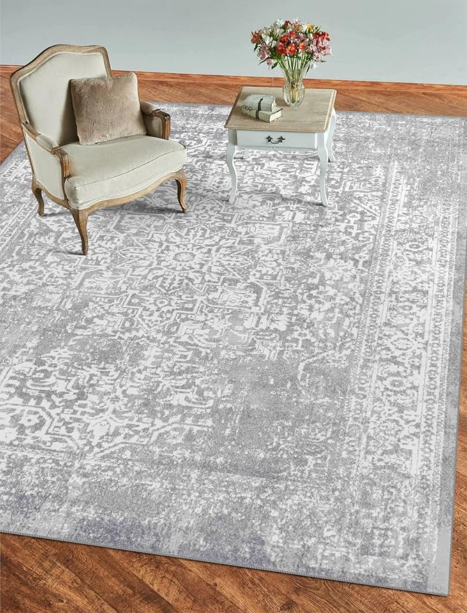 vivorug 3x5 Neutral Area Rugs, Stain Resistant Washable Rug for Living Room, Vintage-Inspired (Ivory/Silver, 3'x5')