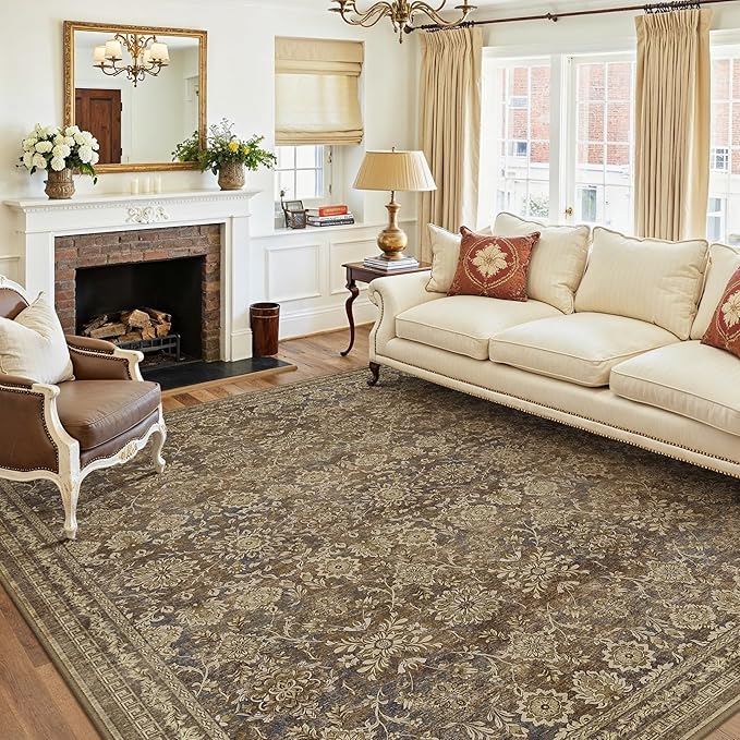 8x10 Vintage Area Rug Brown Washable Living Room Large Non Slip Carpet Bedroom Indoor Office Low Pile Traditional Distressed Retro Floral Accent Rug for Dining Room