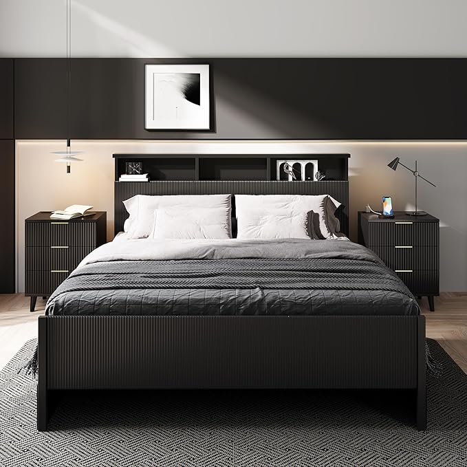 Fluted Night Stand Set of 2 with USB Charging Station, 3-Drawer Dresser Black Wood Modern Night Stand Bedside Table with Quiet Drawers & Large Storage End Table for Bedroom