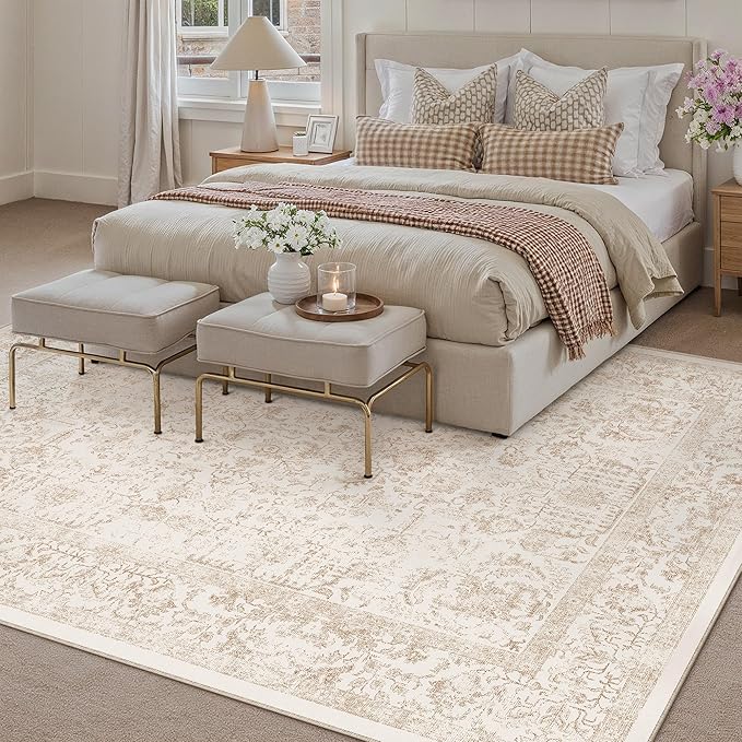 Beige Area Rug 9x12 Machine Washable Large Vintage Living Room Distressed Non Slip Carpet Traditional Indoor Bedroom Retro Floral Accent Throw Rug for Office Kitchen Dining Room