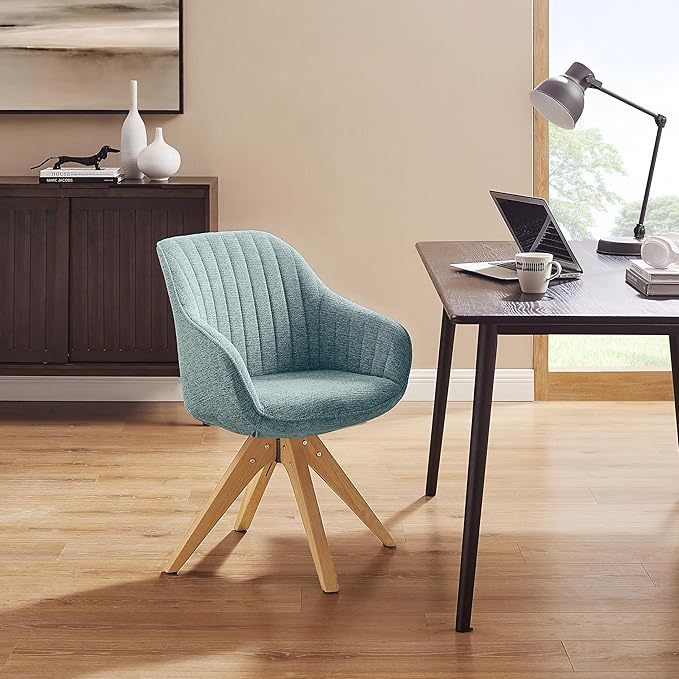 Zouron Mid Century Modern Accent Chair with Wooden Legs, Swivel Desk Chair No Wheels, Upholstered Side Armchair Vanity Chair for Small Space Home Office Living Room Bedroom, Light Blue