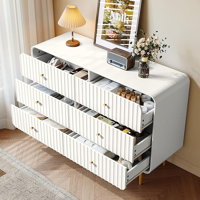 HLR Fluted 6 Drawers Dresser, 48'' Wide Modern Chest of Drawers with Gold Metal Handles,Dresser TV Stand for 2 Piece, Wood Dressers & Chest of Drawers for Bedroom, Living Room, Hallway (White)