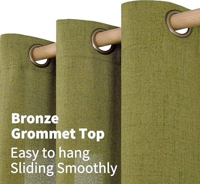 YoungsTex Olive Green Linen Curtains 45 Inches Length Textured Short Window Drapes Light Filtering with Bronze Grommet for Kitchen Bedroom Cafe Decorative, 42 x 45 Inch, 2 Panels