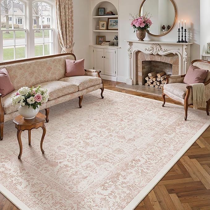 Pink Area Rug 8x10 Machine Washable Large Vintage Living Room Distressed Non Slip Carpet Traditional Indoor Bedroom Retro Floral Accent Throw Rug for Office Kitchen Dining Room