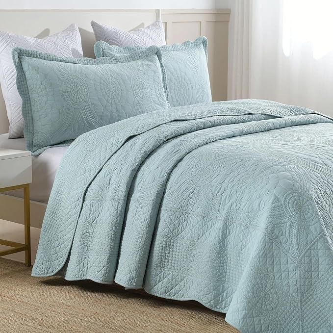 MarCielo 100% Cotton Quilt Set - 3-Piece Embroidered Farmhouse Bedspread & Shams, All-Season Breathable Bedding (Tf Aruba Blue, Queen)