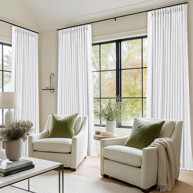 White Linen Blackout Pleated Curtains 90 Inches Long for Living Room Darkening Pinch Pleat 100% Black Out Drapes Thermal Insulated Soundproof Pure White 90 Inch Curtain Panel for Dining Bedroom