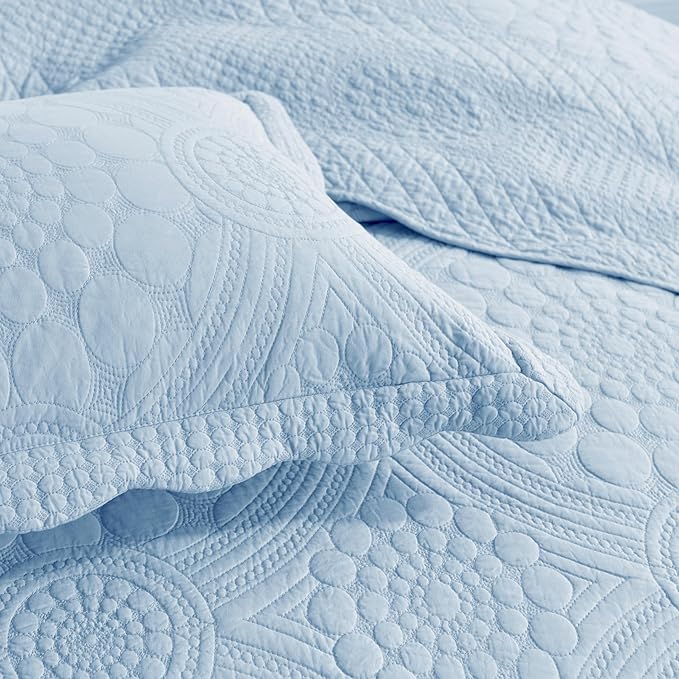 MarCielo 3-Piece 100% Cotton Oversized Bedspread Lightweight Quilt Coverlet Embroidery Farmhouse Bedding Set (Tf Light Blue, Oversized Queen (100"x106"))