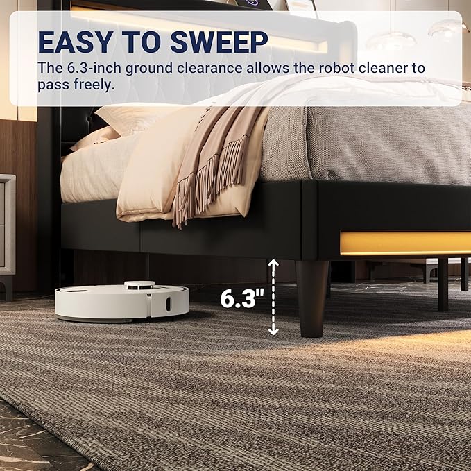 Allewie Upholstered Full Size Platform Bed Frame with LED Light and Charging Station, Button Tufted High Headboard, Wingback Design, Noise Free, Easy Assembly, No Box Spring Needed, Black
