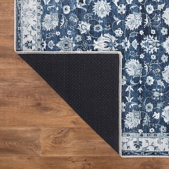 Bloom Rugs Washable Non-Slip 4' x 6' Rug - Dark Blue Traditional Bordered Area Rug for Living Room, Bedroom, Dining Room, and Kitchen - Exact Size: 4' x 6'