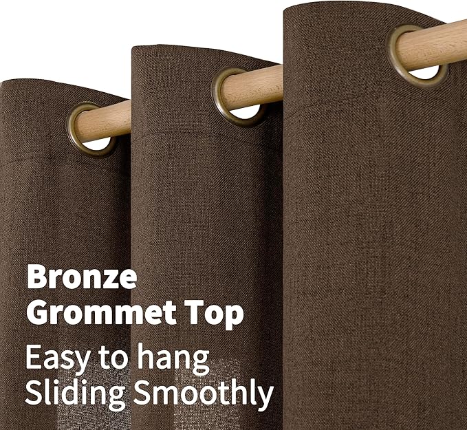YoungsTex Brown Linen Curtains 80 Inch Length for Living Room, Chocolate Light Filtering Drapes Semi Sheer with Bronze Grommet Privacy for Bedroom Farmhouse Decorative, 52 x 80 Inch, 2 Panels
