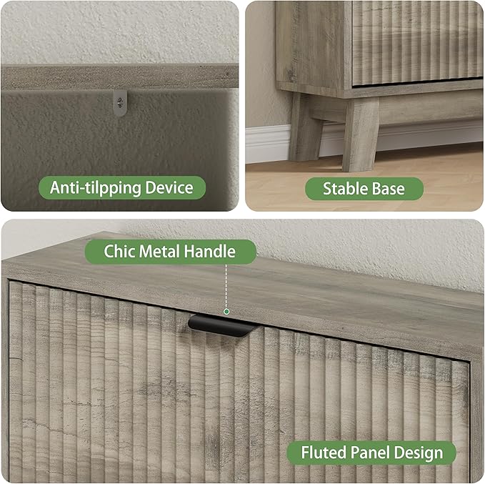 Shoe Cabinet with 4 Flip Drawers, 46" Tall Narrow Fluted Shoe Storage Organizer for Entryway, Hidden Slim Wooden Shoe Rack Cabinet for Front Door Entrance, Hallway, Living Room, Light Grey