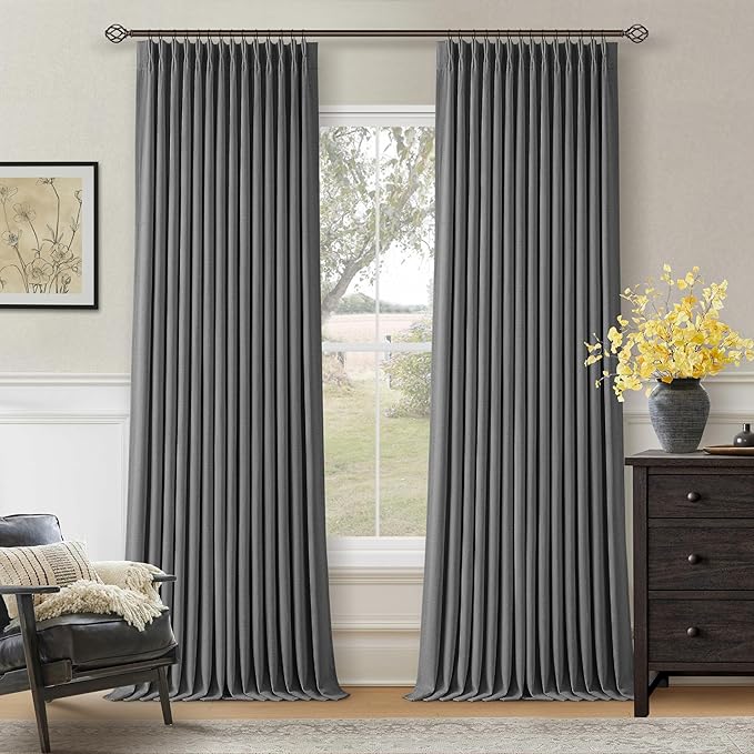 Dark Grey Pinch Pleated Blackout Curtains 108 Inches Long for Bedroom 100% Black Out Thick Linen Dual Layer Pleated Drapes Farmhouse Country Charcoal Gray 108 Inch Curtain for Dining Living Room