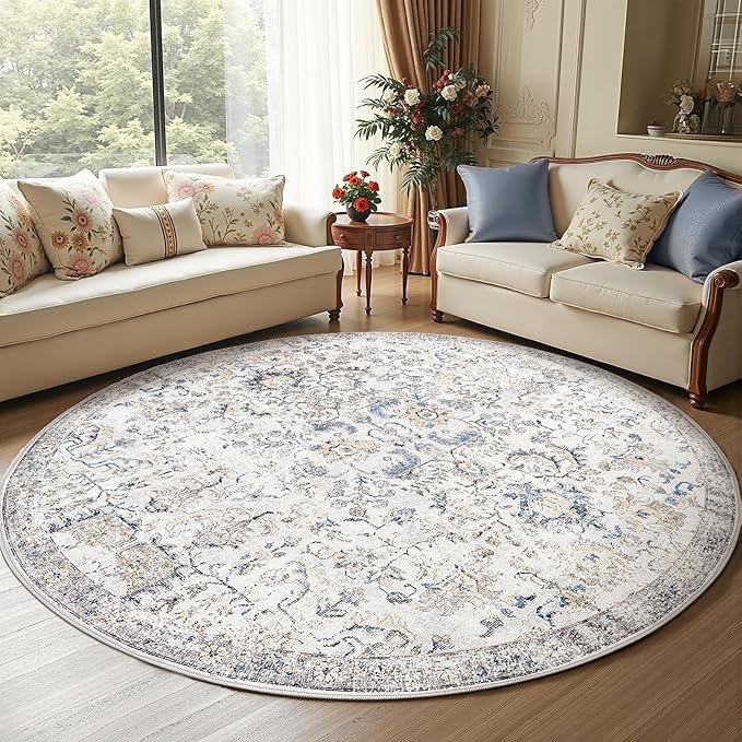 jinchan Kalen Round Rug 7ft Area Rug Washable Vintage Indoor Retro Accent Floor Cover Distressed Floral 7' Round Circle Boho Non Slip Thin Carpet for Living Room Dining Room Bedroom Kitchen Blue