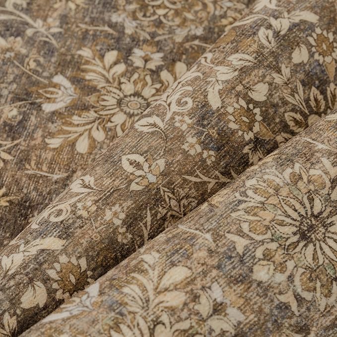 8x10 Vintage Area Rug Brown Washable Living Room Large Non Slip Carpet Bedroom Indoor Office Low Pile Traditional Distressed Retro Floral Accent Rug for Dining Room