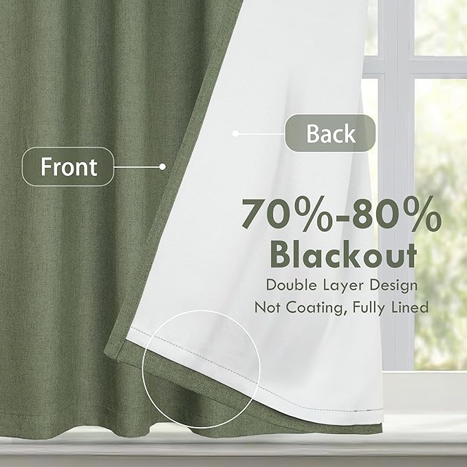 DriftAway Double Layer Linen Blackout Tie Up Curtains Thermal Insulated Fully Lined Balloon Roman Shade Bathroom Window Adjustable Rod Pocket for Small Window 39 Inch by 55 Inch Olive Green