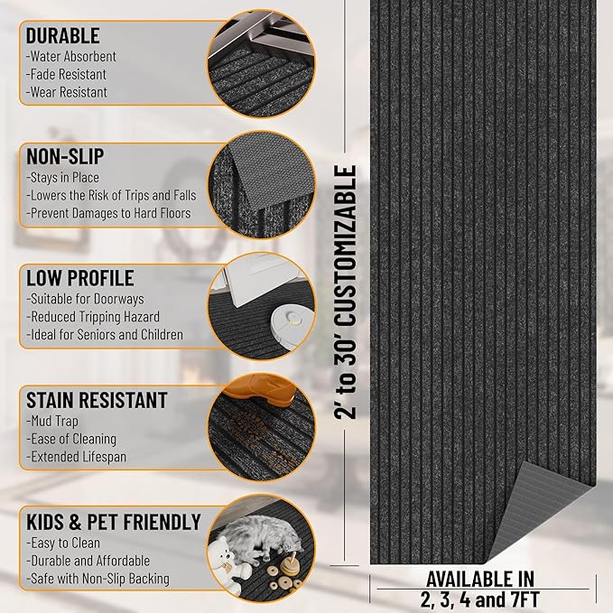 Ottomanson 2' x 48' Hallway Runner with Scraper Pile Extra Durable Non-Slip Rug Mat for Indoor & Outdoor Use - Ideal for Kitchen, Entryway, Patio & Garage - High-Traffic Carpet, Black