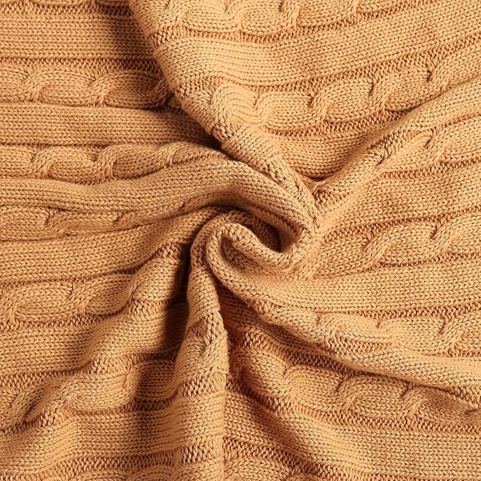 100% Cotton Cable-Knit Throw Blanket: 60" x 70", Ultra Soft, Breathable, All-Season Comfort & Versatility, Ideal for Couch, Bed, Travel and Gifting (Camel)
