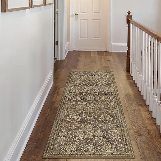 2x6 Runner Rug Brown Vintage Hallway Carpet Indoor Kitchen Washable Living Room Low Pile Traditional Distressed Retro Floral Accent Throw Rug Non Slip Laundry Bathroom Office Dining Room