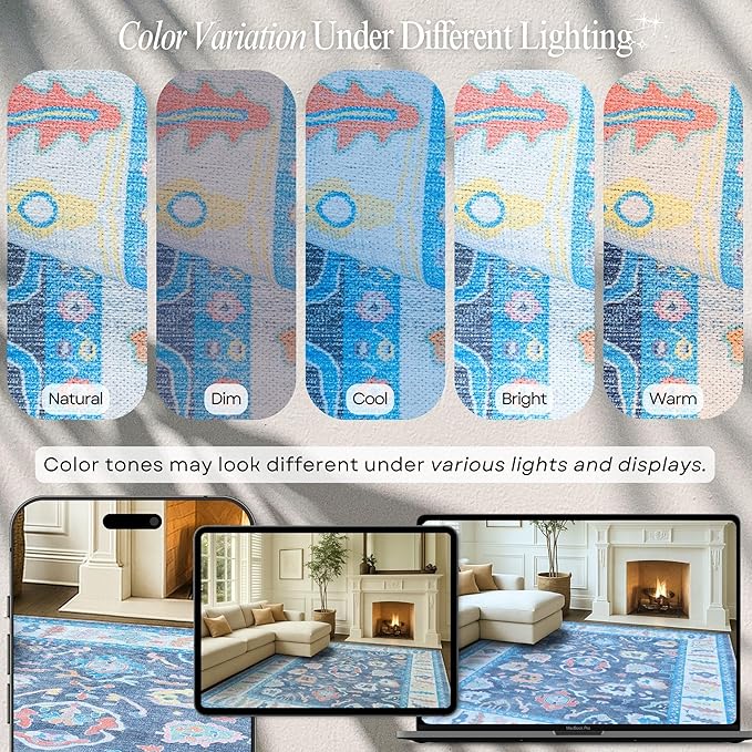 Fame Rugs Blue Modern Oushak Rug 9x12, Vintage Turkish Colorful Oriental Washable Antique Inspired Oversize Area Rugs, Luxury Living Room Bedroom (386PBL, 9' x 12) (387BNB, 9' x 12)