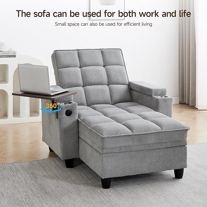41.7" Chaise Lounge Chair Indoor, Oversized Boucle Upholstered Sofa Bed, Adjustable Backrest Deep Seat Reading Chair, Sofas Couches for Living Room with Storage, Cup Holders & 360° Swivel Side Table