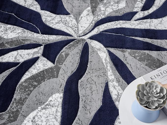 Modern Abstract Area Rug Hand Carved Contemporary Geometric Swirls Vibrant Colors Carpet for Living Room Bedroom Design PR1002 (Navy, 5' x 7')