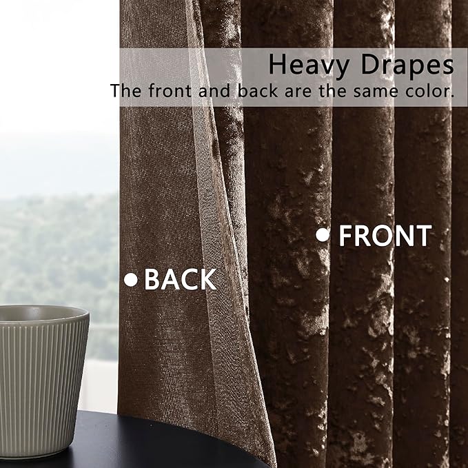 SMILETIME Chocolate Crushed Velvet Curtains 52x84inch Rod Pocket Luxurious Thermal Insulated Soundproof Drapes Soft and Durable Light-Filtering Window Treatments for Living Room Bedroom, 2 Panels