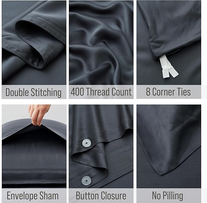 Bella Coterie Luxury Bamboo Viscose Queen Size Duvet Cover Set | 100% Organically Grown | Corner Ties | Ultra Soft | Cooling | Two Pillow Shams | 90 x 94 | No Insert [Charcoal Grey]