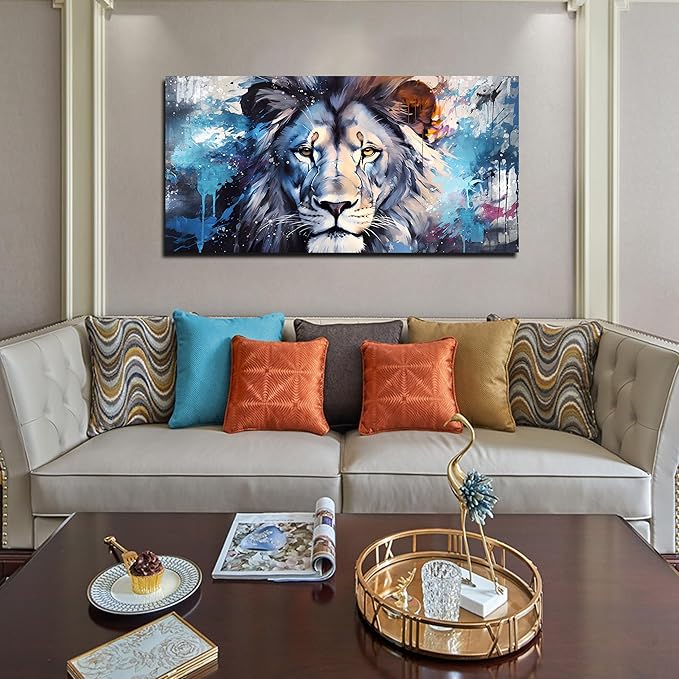 ENTANUB Lion Canvas Wall Art for Living Room, Blue Print Painting for Bedroom, Animal Picture Decor, Large Size 48x24 Inches