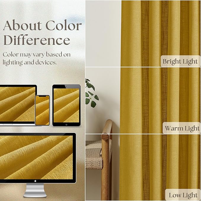 Farmhouse Mustard Yellow Linen Curtains 102 Inches Long for Living Room Pinch Pleated Drape with Hooks Rings for Track System Light Filtering 102 Inch Curtain for Bedroom Sliding Patio Door 2 Panels