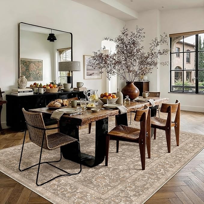 5x7 Deep Brown Area Rug Non Slip Vintage Living Room Distressed Machine Washable Carpet Traditional Indoor Bedroom Deep Brown Retro Floral Accent Throw Rug for Office Kitchen Dorm Dining Room