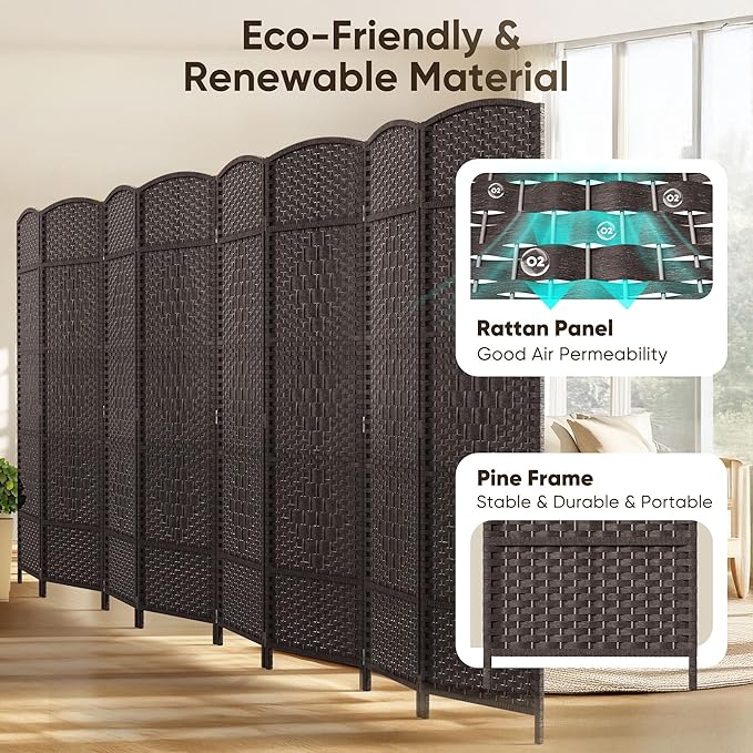 JOSTYLE Room Divider 6ft. Tall Extra Wide Privacy Screen, Folding Privacy Screens with Diamond Double-Weave Room dividers and Freestanding Room Dividers Privacy Screens(Espresso, 8-Panel)