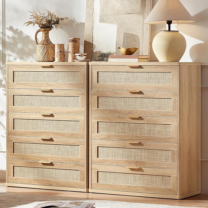 LEYAOYAO Rattan Dresser for Bedroom, 41" Tall Chest of Drawers, Modern 5 Drawers Boho Dressers with Storage, Light Oak Dresser Wooden Closet Organizer for Living Room, Hallway, Natural Wood