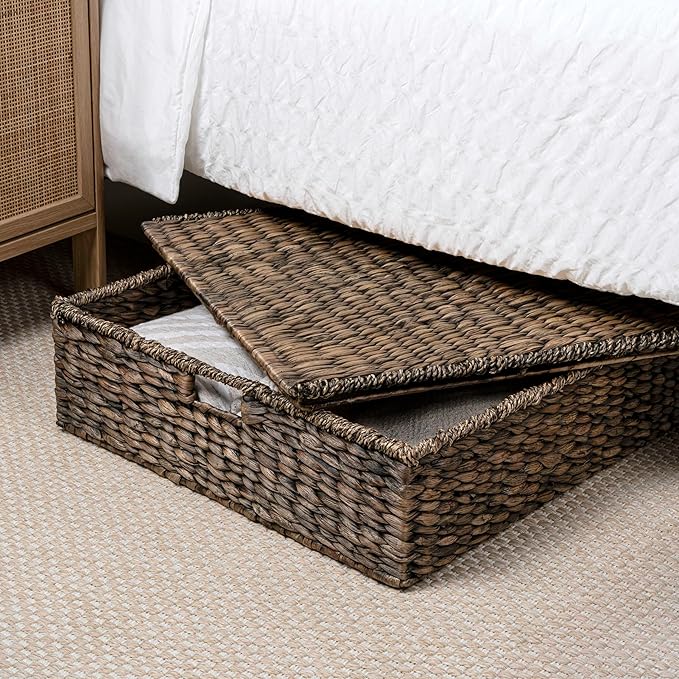 happimess BSK2015B-SET2 Holden 30" Classic Costal Hand-Woven Hyacinth Wicker Under Bed Storage Basket with for Storage and Decoration in Bathroom, Bedroom, Closet, Entryway, Brown (Set of 2)