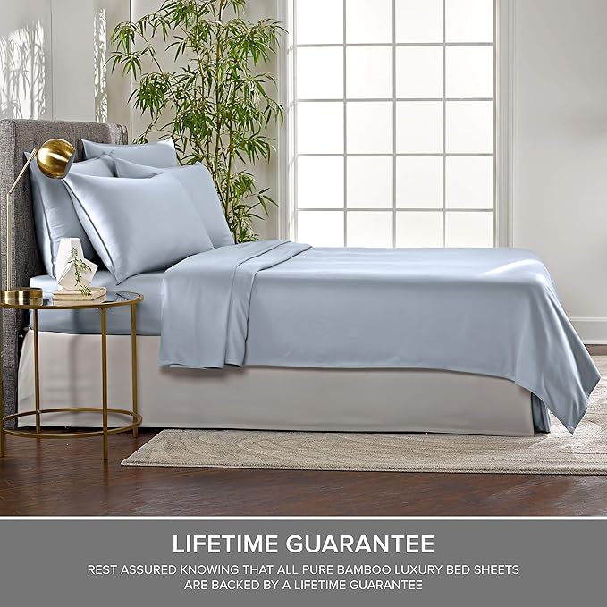 Pure Bamboo Split King Sheets, Genuine 100% Organic Viscose Derived from Bamboo Bed Sheet Set, Soft & Cooling, Double Stitching, 2 Fitted Sheets (Split King, Sterling Blue)