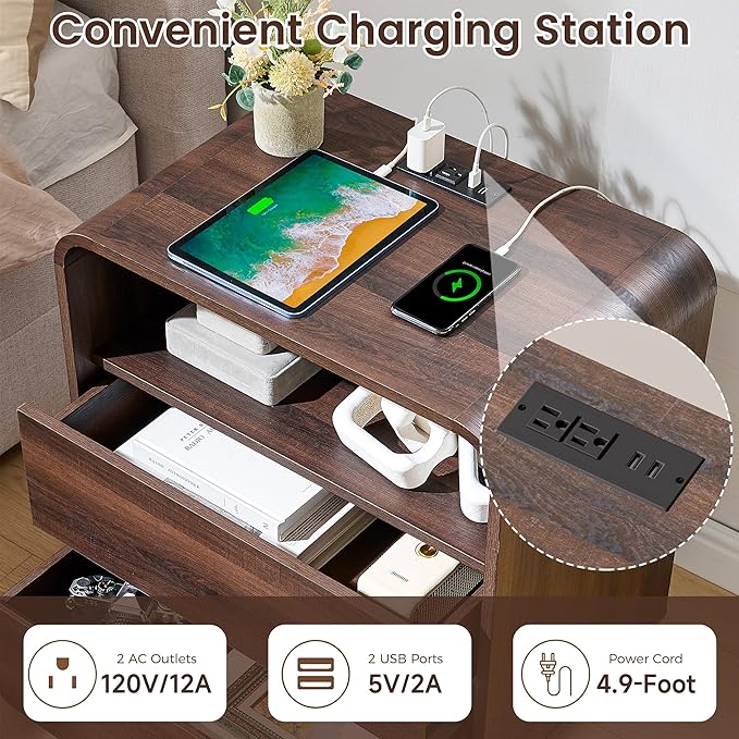 Farmhouse Night Stand, 25" Tall Wooden Nightstand with Charging Station, 2 Storage Drawers Bedside Table Curved Profile, Handleless, Large End Table Side Table for Bedroom, Office, Walnut