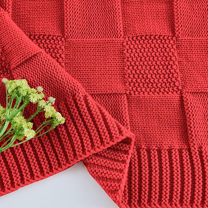 CozeCube Check Knit Throw Blanket, Christmas Red Checkered Bedroom Blanket for Couch, Soft Cozy Warm Knitted Blanket for Bed Sofa Living Room, Decorative Spring Fall Throw Blanket, 50"X60"