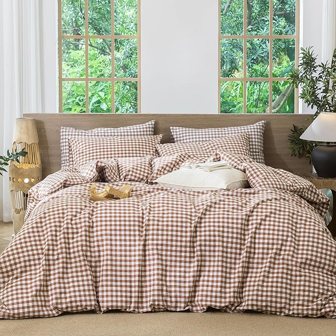 MooMee Gingham Duvet Cover Set 100% Washed Cotton Linen Like Textured Breathable Durable Soft Comfy Modern Checkered Design (Dark Orange Gingham, Oversized Queen 98"x98")
