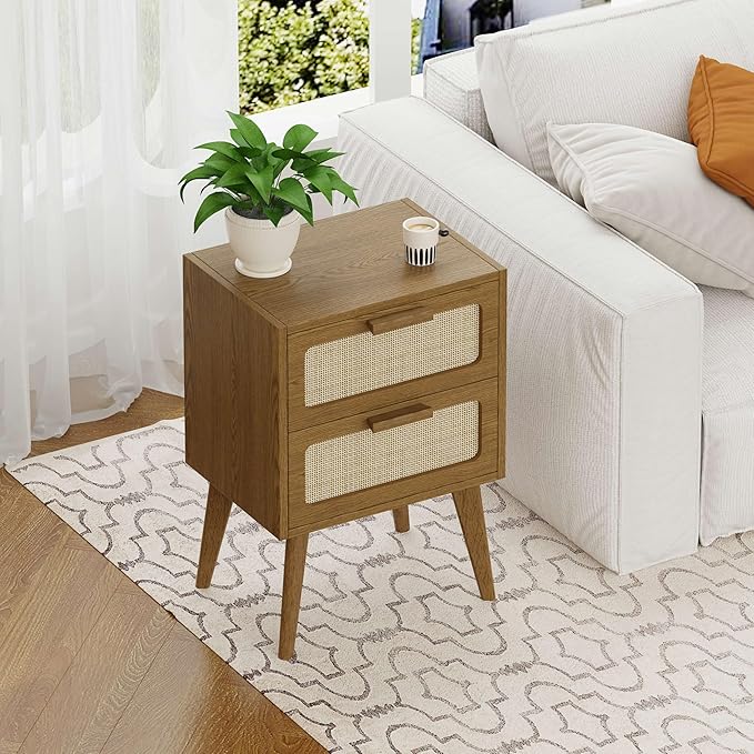 YAUKOMEL Rattan Nightstand Set of 2,Mid Century Modern Bedside with Drawers,End Table, Side Table with 2 Hand Made Rattan Decorated Drawers for Livingroom,Bedroom,Caramel Oak CTG59BR-2
